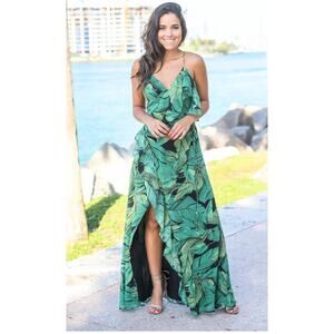 LUXXEL GREEN and black leaf TROPICAL slip WRAP DRESS size L